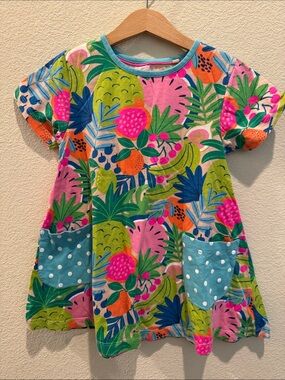 Mini Boden Tropical Fruit Pocket Tee Dress - Pink, Green & Blue (100% Cotton)